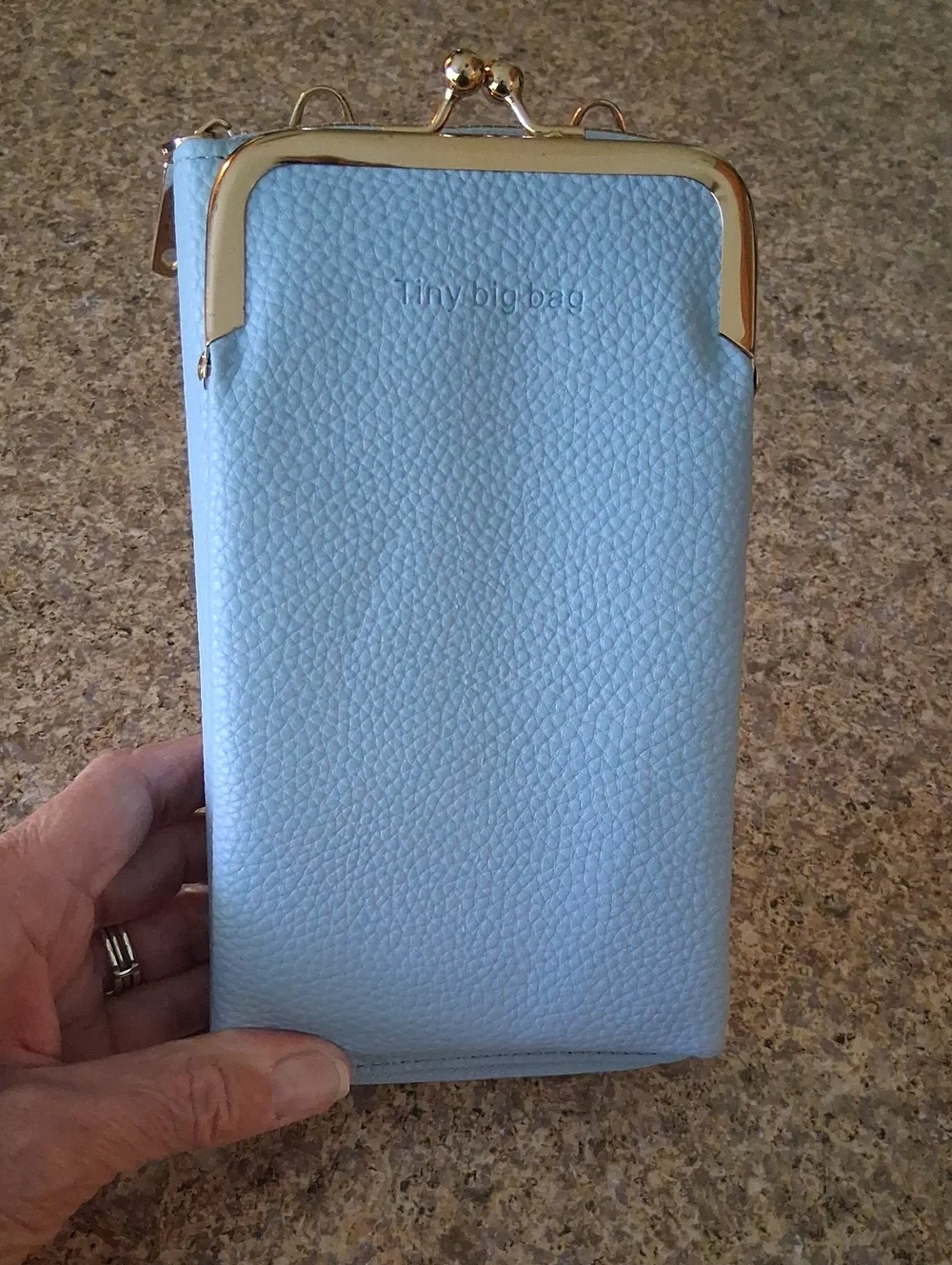 Light Blue Faux Pebble Leather Tiny BIG Bag Clutch Wallet with Gold Frame